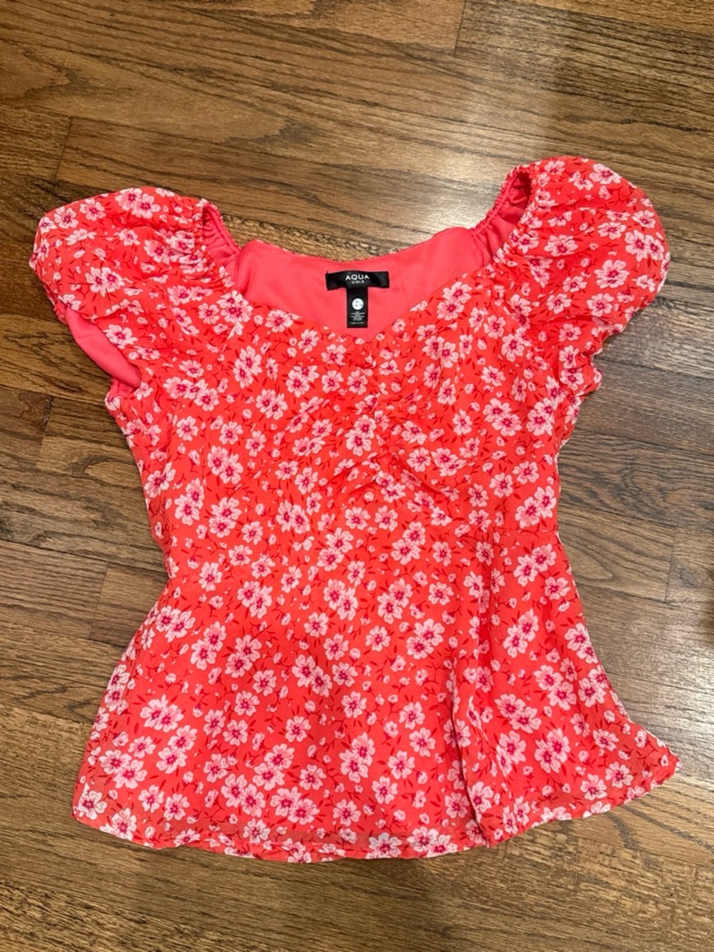 Aqua Bright Red Floral Puff-Sleeve Peplum Top